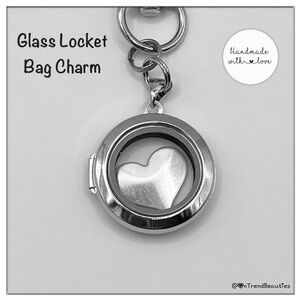 Stainless Steel Glass Floating Locket, Sterling Silver Heart Charm, Bag Charm
